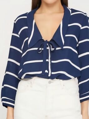 Zara Navy and White Striped Tie-Neck Blouse